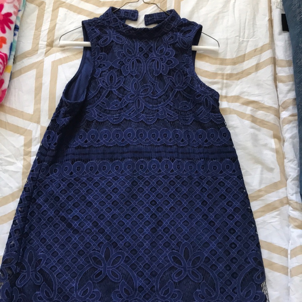 high neck blue dress